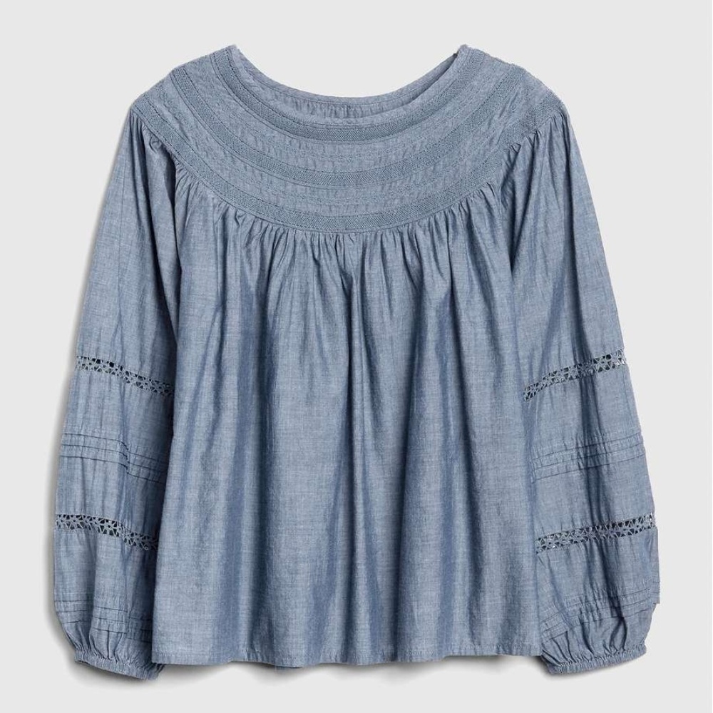 Gap Smocked Boho Lace Peasant Blouse Chambray Blue